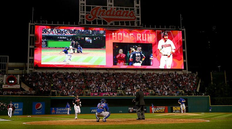 CLEVELAND, OH - NOVEMBER 01: A general view as Jason Kipnis #22 of the Cleveland Indians runs the bases after hitting a solo home run during the fifth inning against the Chicago Cubs in Game Six of the 2016 World Series at Progressive Field on November 1, 2016 in Cleveland, Ohio. (Photo by Elsa/Getty Images)