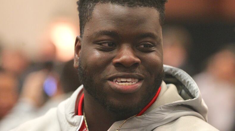 Ohio State’s Robert Landers talks to a reporter at Fiesta Bowl Media Day on Thursday, Dec. 29, 2016, at the Camelback Inn. David Jablonski/Staff