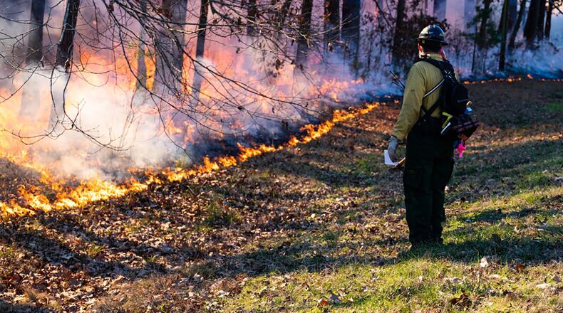 Matt Johnson, U.S. Fish and Wildlife fire management specialist, scans the perimeter of a prescribed burn at Barksdale Air Force Base, Louisiana, Jan. 28. Fire management specialists measure air temperature and wind direction to ensure the fire remains predictable and controllable. U.S. AIR FORCE PHOTO/AIRMAN 1ST CLASS CHASE SULLIVAN