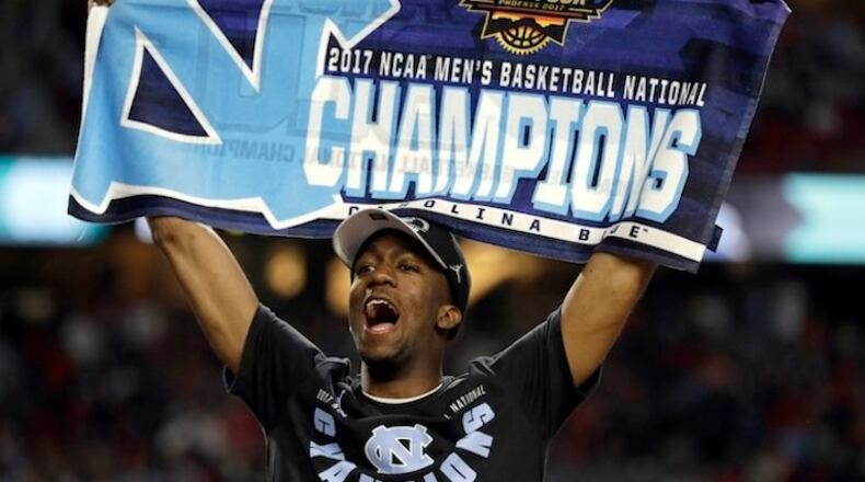 North Carolina's Kenny Williams celebrates after the finals of the Final Four NCAA college basketball tournament against Gonzaga, Monday, April 3, 2017, in Glendale, Ariz. North Carolina won 71-65. (AP Photo/David J. Phillip)
