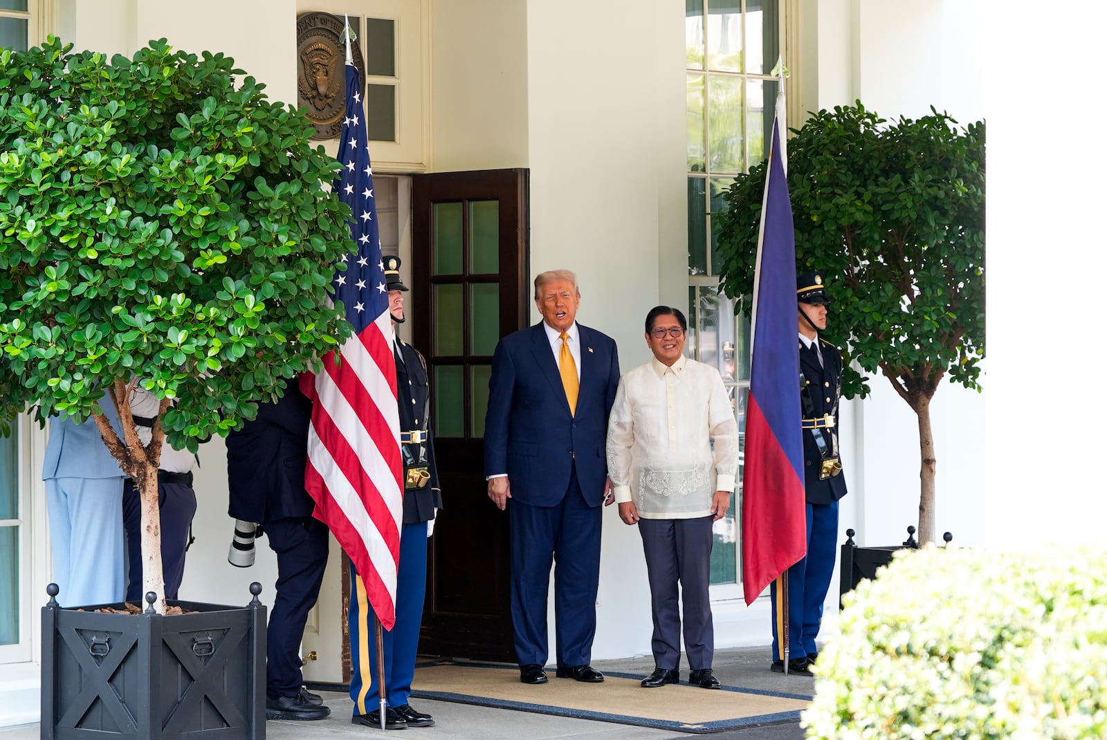 President Donald Trump greets Philippine President Ferdinand Marcos Jr. at the White House, Tuesday, July 22, 2025, in Washington. (AP Photo/Julia Demaree Nikhinson)