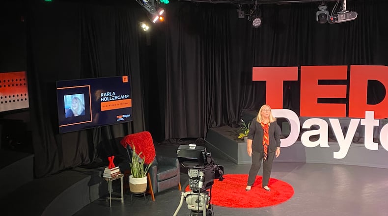 Karla Hollencamp speaks on her widowhood journey during TEDxDayton. Eileen McClory/ Staff
