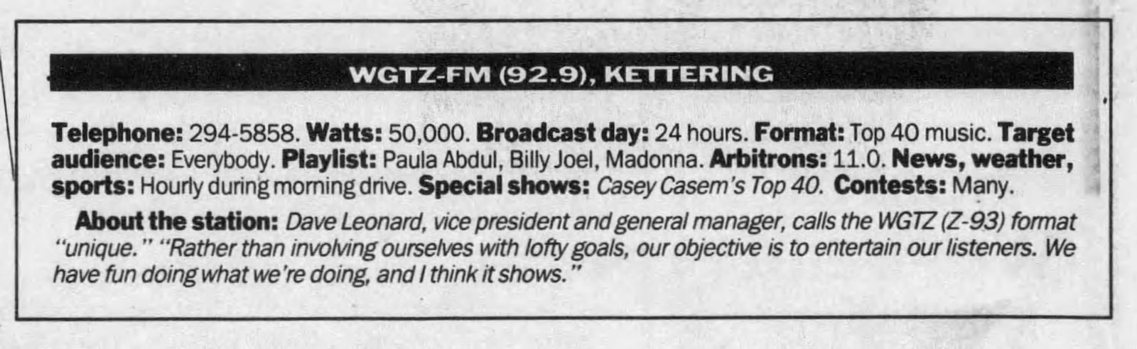 WGTRZ Z-93 radio station info from 1990. DAYTON DAILY NEWS ARCHVIES