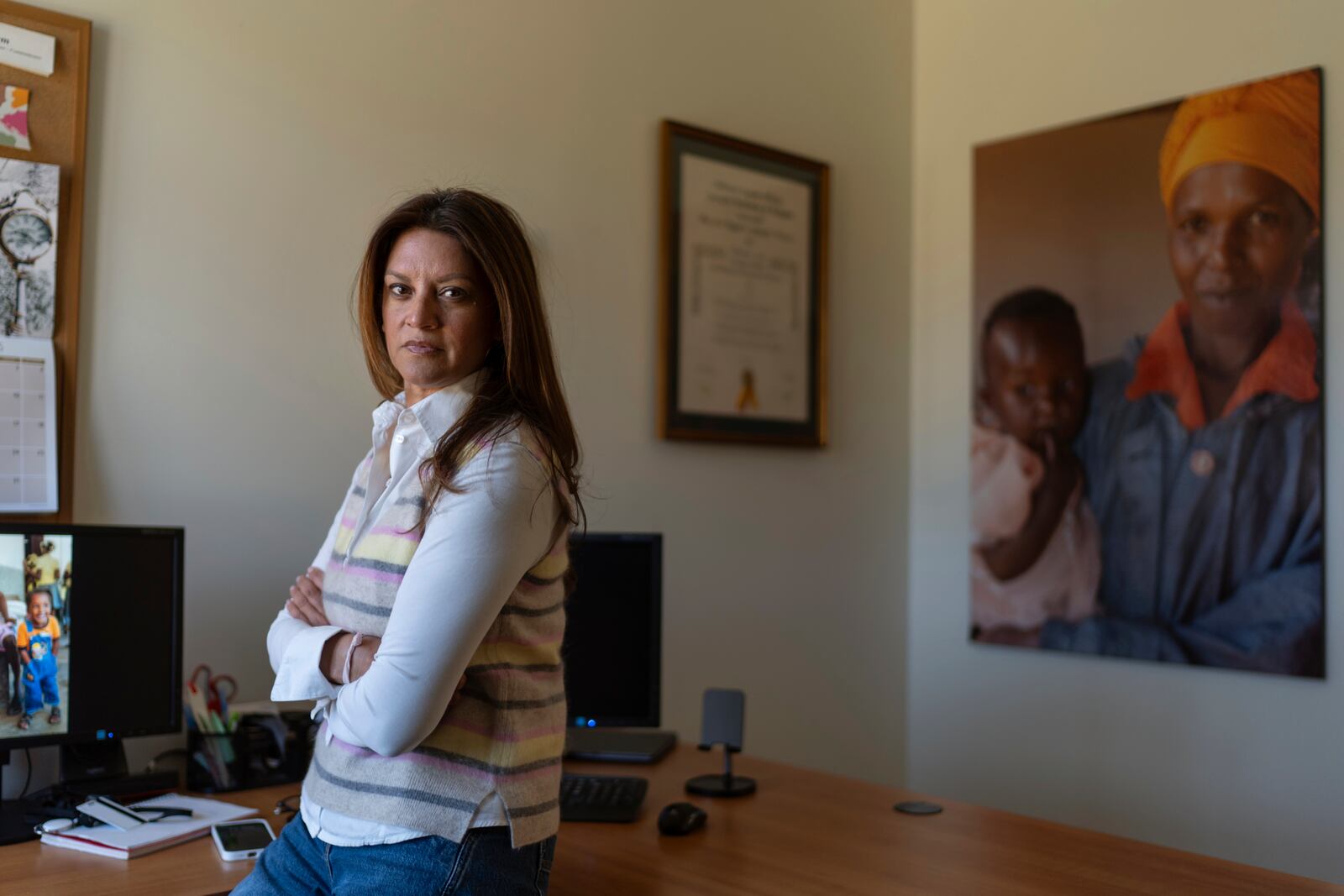 Edesia Nutrition CEO Navyn Salem sits in her office at the company's North Kingstown, R.I. facility where they make Plumpy'Nut, a nutritional lifesaving peanut paste sent to malnourished children worldwide, Friday, March 14, 2025. (AP Photo/David Goldman)