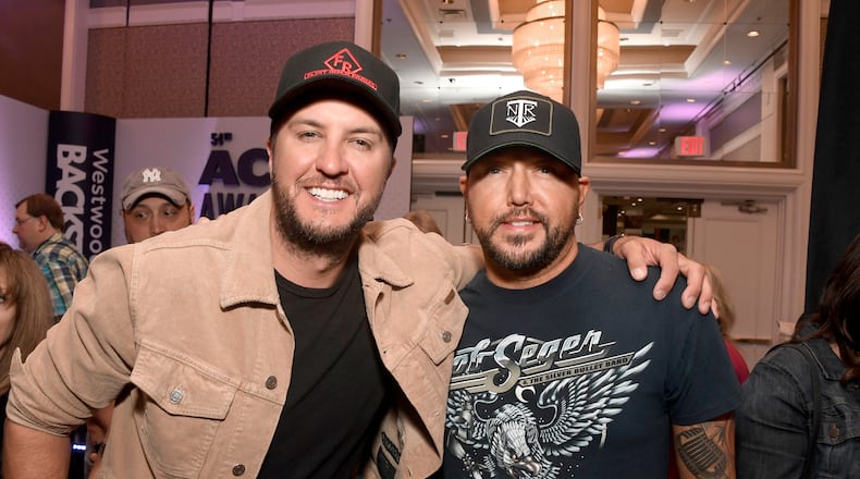 LAS VEGAS, NEVADA - APRIL 05: (L-R) Luke Bryan and Jason Aldean attend the 54th Academy Of Country Music Awards Cumulus/Westwood One Radio Remotes on April 05, 2019 in Las Vegas, Nevada. (Photo by Frazer Harrison/Getty Images for ACM)