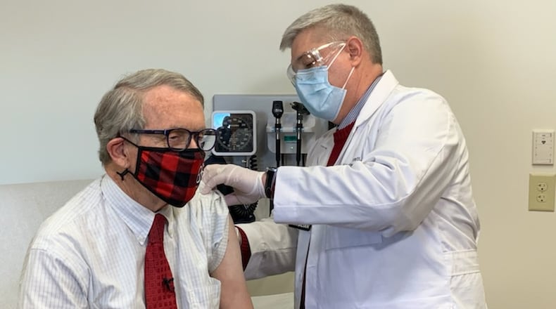 Dr. Kevin Sharrett of Kettering Health administered the coronavirus vaccine to Gov. Mike DeWine on Tuesday, Feb. 2, 2021. Both the governor and his wife, Fran DeWine, have received their first dose. Photo courtesy Gov. Mike DeWine's Office.