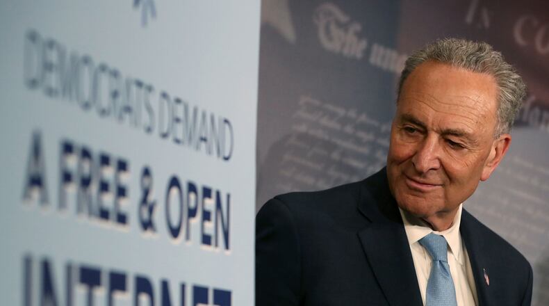 WASHINGTON, DC - MAY 16: Senate Majority Leader Charles Schumer (D-NY) attends a press conference at the Capitol Building on May 16, 2018, in Washington, D.C. The Senate voted and passed a Resolution of Disapproval to undo President Trump and FCC Chairman Ajit Pai’s repeal of net neutrality rules. (Photo by Mark Wilson/Getty Images)