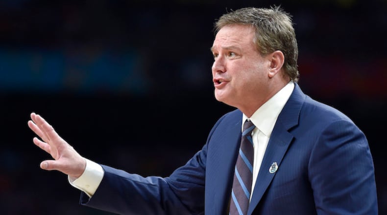 Kansas head coach Bill Self talks to his team from the bench in the second half against Villanova during an NCAA Tournament national semifinal on March 31, 2018, at the Alamodome in San Antonio, Texas. (Rich Sugg/Kansas City Star/TNS)