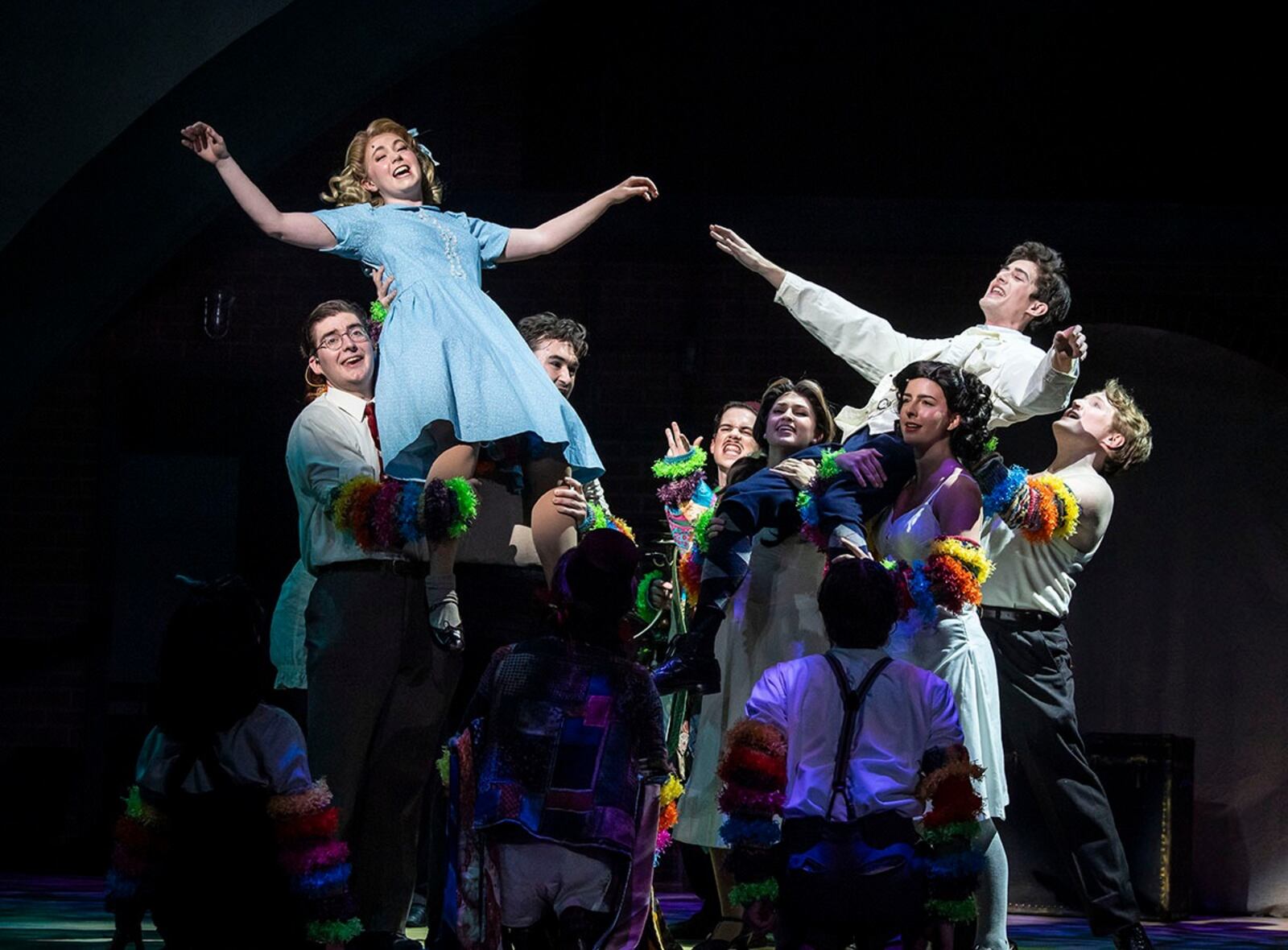 Cate Lightbody (Alice Spencer), Aidan Fracker (Alfred Hallam) and the cast of Wright State University's production of "Alice By Heart." WRIGHT STATE THEATRE