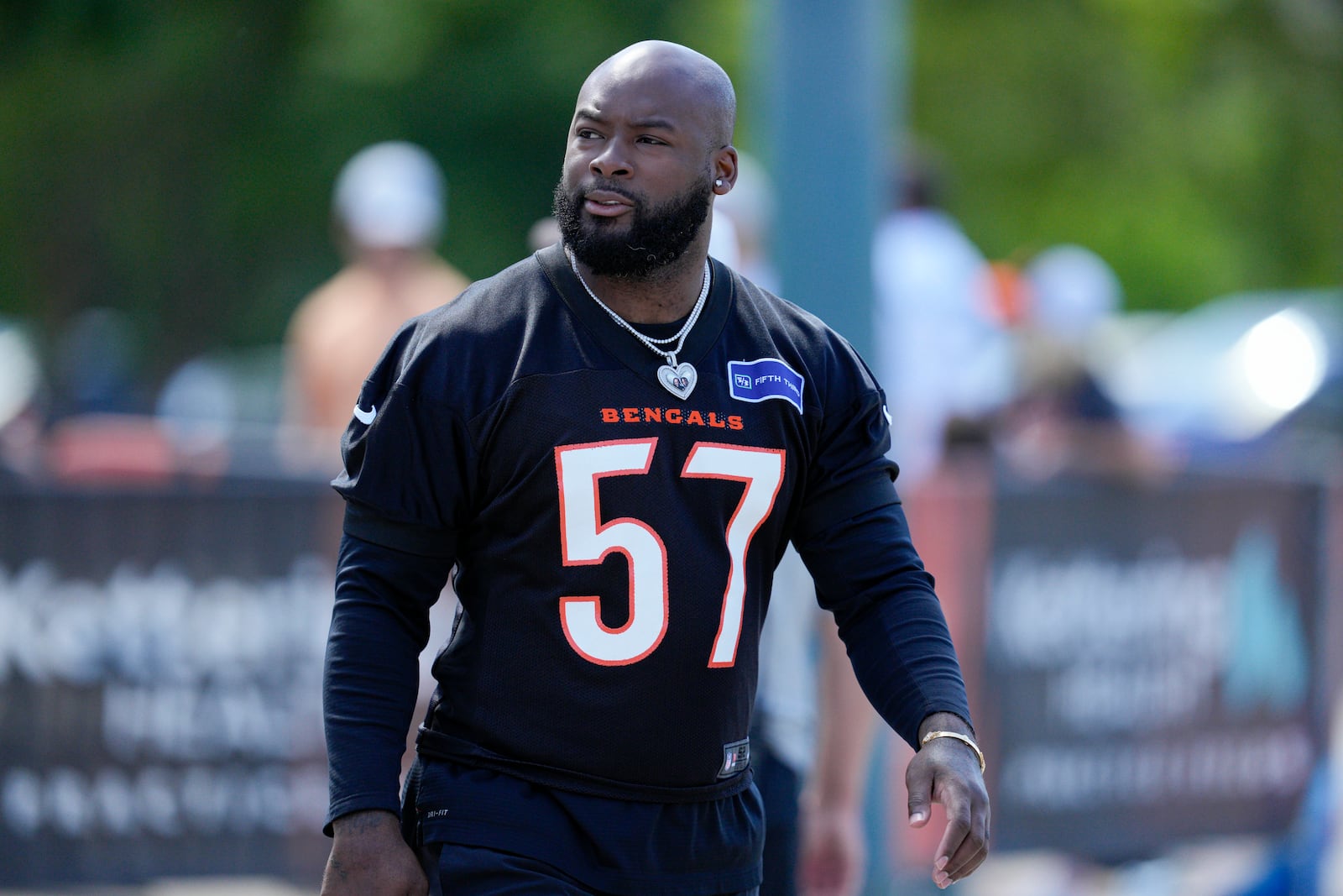 FILE - Cincinnati Bengals linebacker Germaine Pratt walks to an NFL football practice facility, May 28, 2024, in Cincinnati. (AP Photo/Jeff Dean, File)