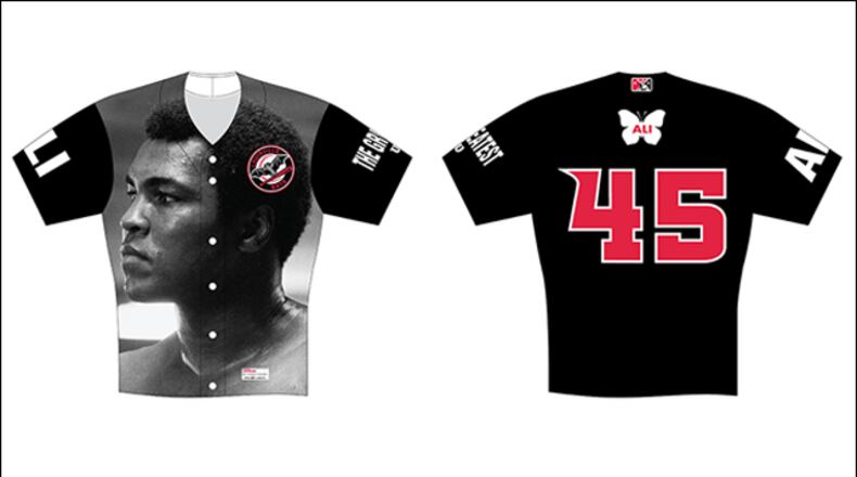 Planned jerseys for Muahammad Ali tribute night. Photo courtesy the Louisville Bats