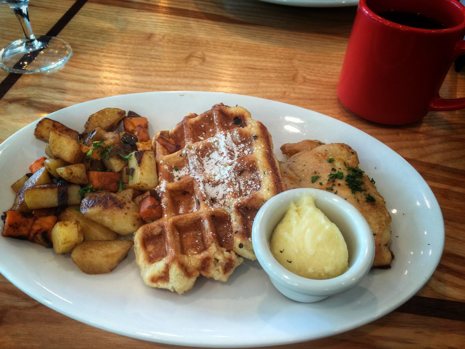 Try the Chicken & Waffles at Ellie's Restaurant & Bakery, inside the Mills Park Hotel, at 321 Xenia Ave., in Yellow Springs.