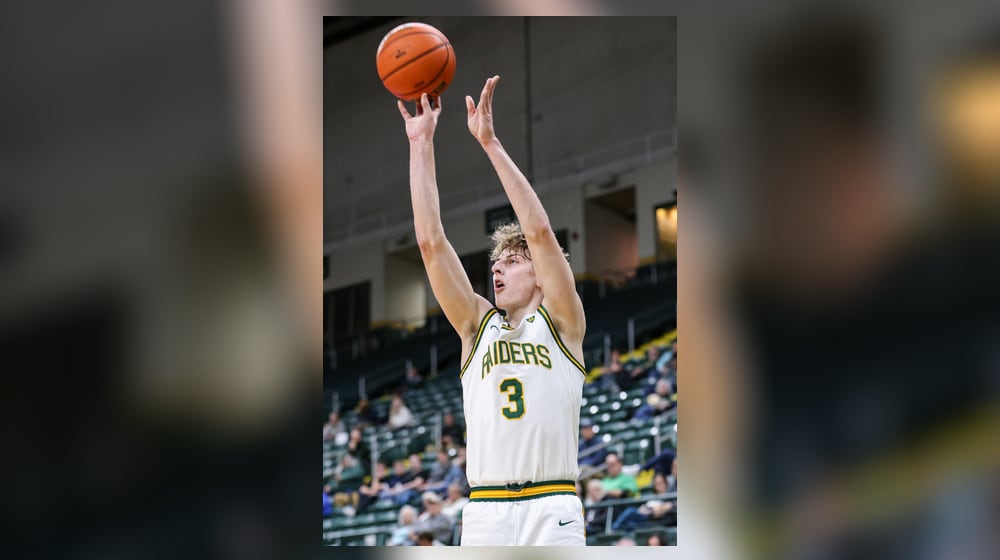 Wright State sophomore guard Dominic Pangonis shoots a 3-pointer during an 86-37 win over Franklin College 86-37 in a season opener on Monday, Nov. 3 at Ervin J. Nutter Center in Fairborn. BRYANT BILLING/STAFF
