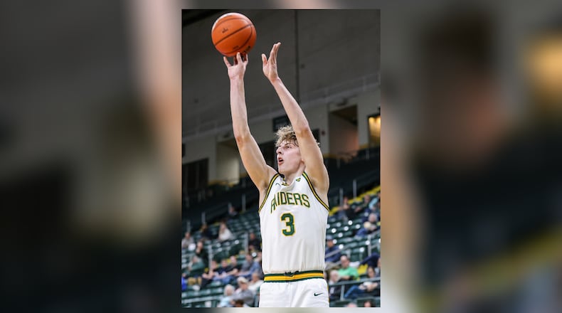 Wright State sophomore guard Dominic Pangonis shoots a 3-pointer during an 86-37 win over Franklin College 86-37 in a season opener on Monday, Nov. 3 at Ervin J. Nutter Center in Fairborn. BRYANT BILLING/STAFF