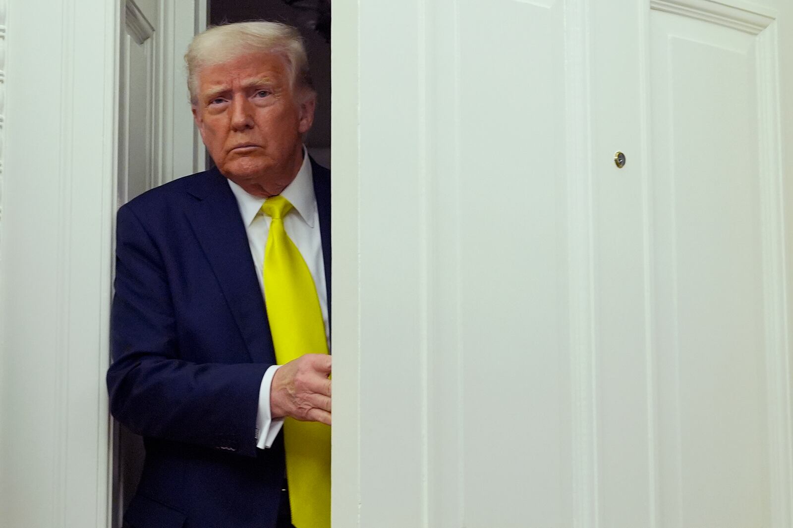 President Donald Trump arrives at a swearing in ceremony for Dr. Mehmet Oz to be Administrator of the Centers for Medicare and Medicaid Services, in the Oval Office of the White House, Friday, April 18, 2025, in Washington. (AP Photo/Alex Brandon)