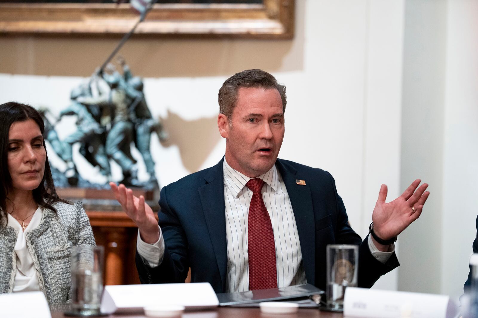 
                        National Security Adviser Michael Waltz makes remarks during an ambassador meeting in the Cabinet Room of the White House in Washington, on Tuesday, March 25, 2025. President Donald Trump, like the rest of the administration on Tuesday, downplayed the significance of the Signal chat leak. (Doug Mills/The New York Times)
                      
