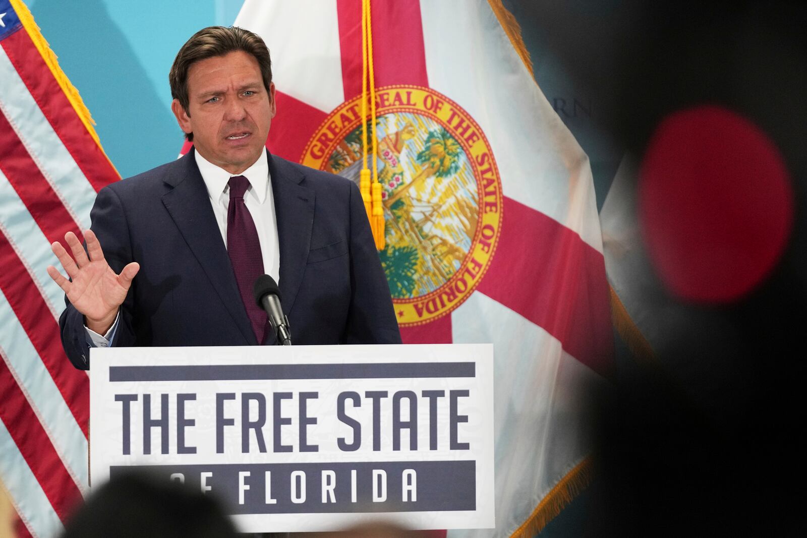 FILE - Florida Gov. Ron DeSantis speaks during a public event where he announced he would sign a bill banning the use of fluoride in public water systems, Tuesday, May 6, 2025, in Miami. (AP Photo/Lynne Sladky, file)