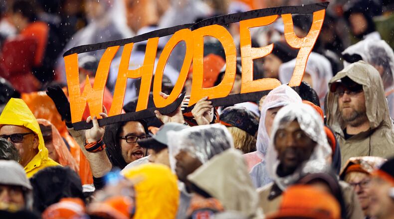 CINCINNATI, OH - JANUARY 09: Cincinnati Bengals fans hold a sign during the AFC Wild Card Playoff game between the Cincinnati Bengals and the Pittsburgh Steelers at Paul Brown Stadium on January 9, 2016 in Cincinnati, Ohio. (Photo by Joe Robbins/Getty Images)