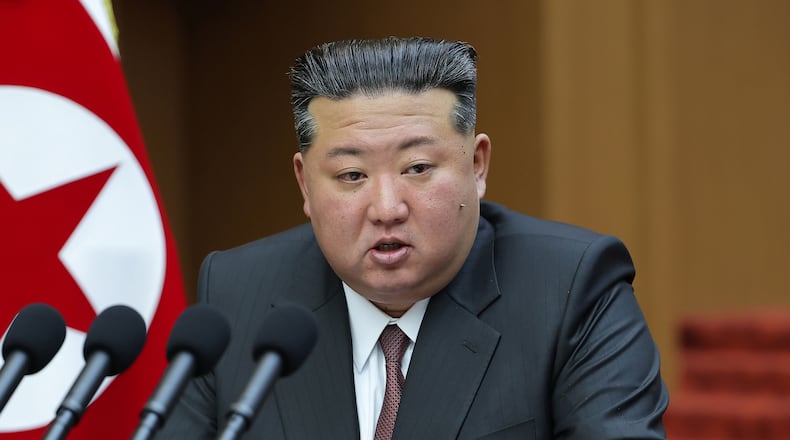 In this photo provided by the North Korean government, its leader Kim Jong Un delivers a speech during a session of the Supreme People’s Assembly at parliament in Pyongyang, North Korea Monday, March 23, 2026. Independent journalists were not given access to cover the event depicted in this image distributed by the North Korean government. The content of this image is as provided and cannot be independently verified. (Korean Central News Agency/Korea News Service via AP)