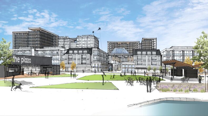 Pictured here is a rendering of the planned exterior for the area where Tri-County Mall is located in Springdale. An overhaul of the space will begin in 2022 and last through 2032. CONTRIBUTED