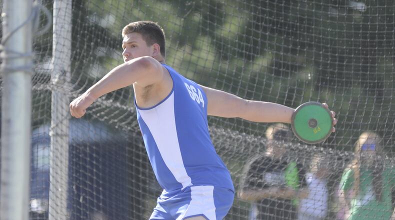 Northwestern sophomore Korbin Spencer was third in the discus. The first day of the D-II regional track and field meet was at Piqua on Thu., May 24, 2018. MARC PENDLETON / STAFF