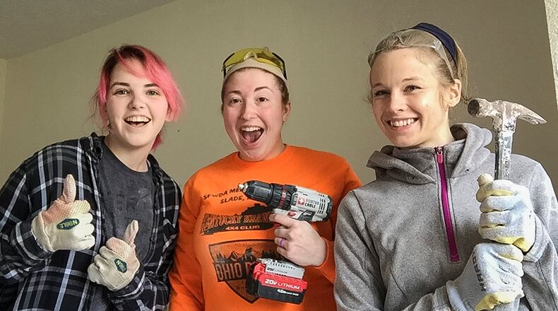 From left: Dixie Champagne, Kaylee Bowers, and Hannah Wegner, along with other members of the Wright-Patterson Air Force Base chapel community traveled to the Houston, Texas, for a week in January, 2018, to help restore homes devastated by Hurricane Harvey, which hit the area in late August, 2017. (U.S. Air Force photo)