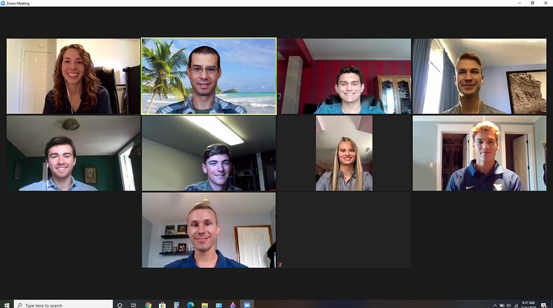 Jade Pomerleau (top row, second from left) an Air Force Research Laboratory program manager, meets virtually with undergraduate cadets from the U.S. Air Force Academy, who are participating in the Cadet Summer Research Program. (U.S. Air Force photo/Jade Pomerleau)