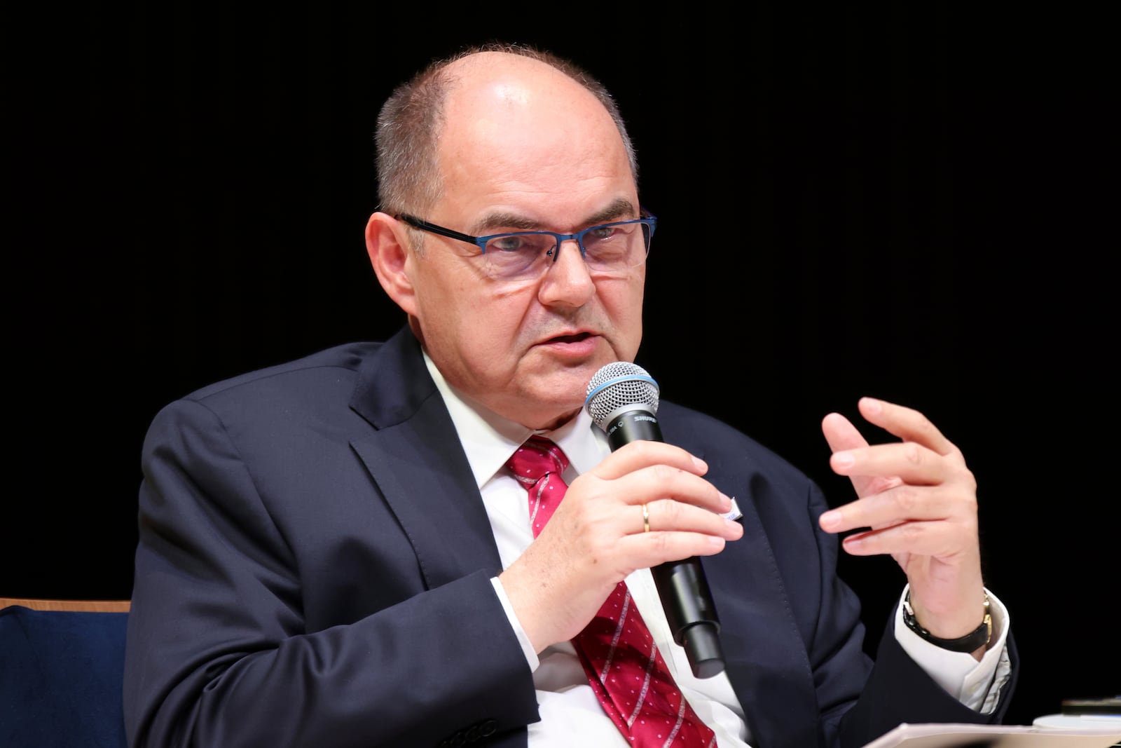 High Representative for Bosnia and Herzegovina Christian Schmidt speaks during a panel discussion at the NATO Parliamentary Assembly in Dayton, Ohio, Friday, May 23, 2025. (AP Photo/Paul Vernon)