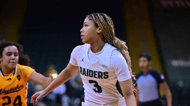 Wright State's Makiya Miller looks to make a play during a game vs. Milwaukee at the Nutter Center on Jan. 25, 2025. Joe Craven/Wright State Athletics