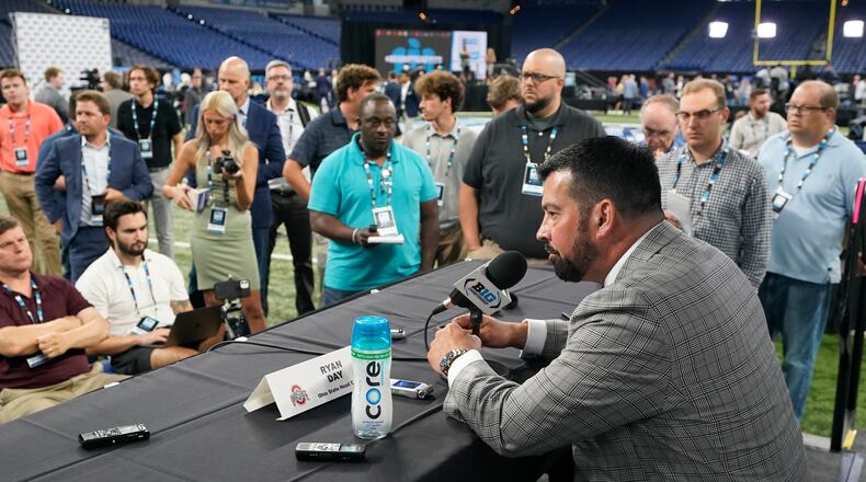 Ohio State head coach Ryan Day speaks during an NCAA college football news conference at the Big Ten Conference media days at Lucas Oil Stadium, Wednesday, July 26, 2023, in Indianapolis. (AP Photo/Darron Cummings)