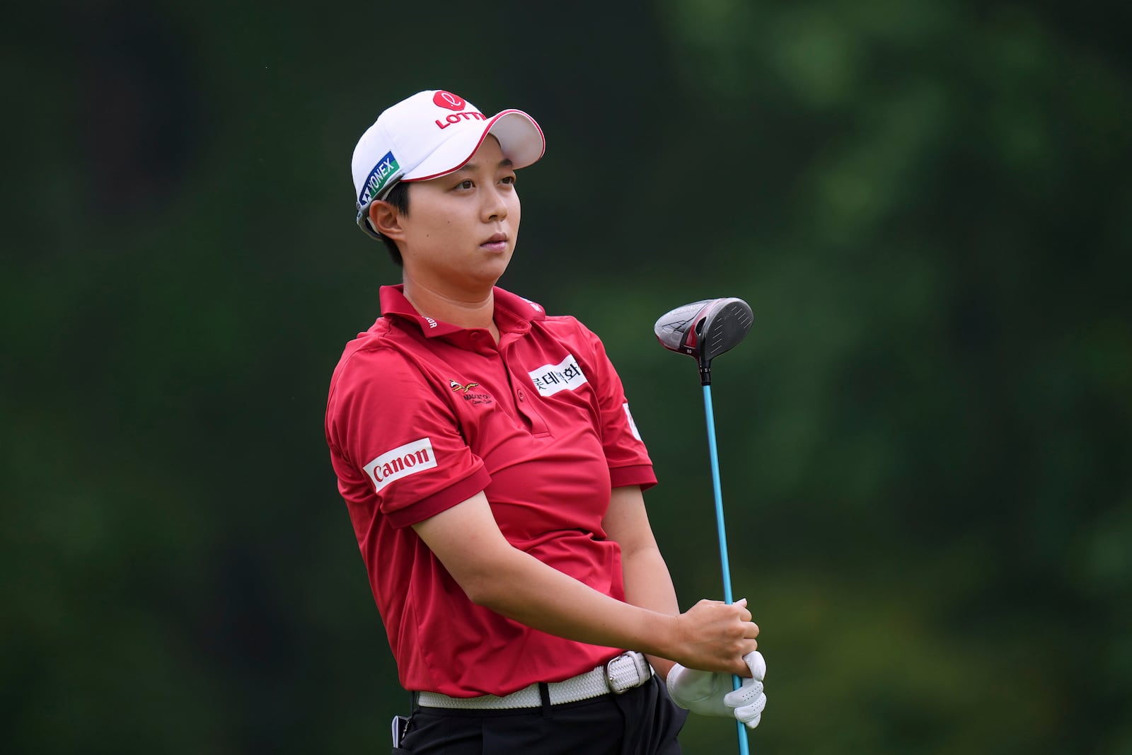 Hyo Joo Kim, of South Korea, watches after hitting on the tenth hole during the second round of the Chevron Championship LPGA golf tournament Friday, April 25, 2025, in The Woodlands, Texas. (AP Photo/Eric Gay)