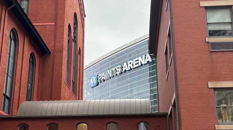 A view of PPG Paints Arena from the Epiphany Roman Catholic Church on Friday, March 13, 2026, in Pittsburgh. David Jablonski/Staff