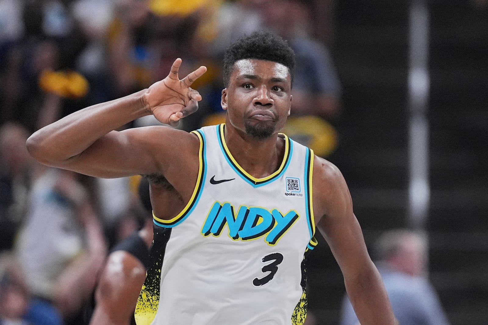Indiana Pacers center Thomas Bryant (3) reacts after a 3-point basket in the first half against the Cleveland Cavaliers of Game 4 in the Eastern Conference semifinals of the NBA basketball playoffs in Indianapolis, Sunday, May 11, 2025. (AP Photo/Michael Conroy)
