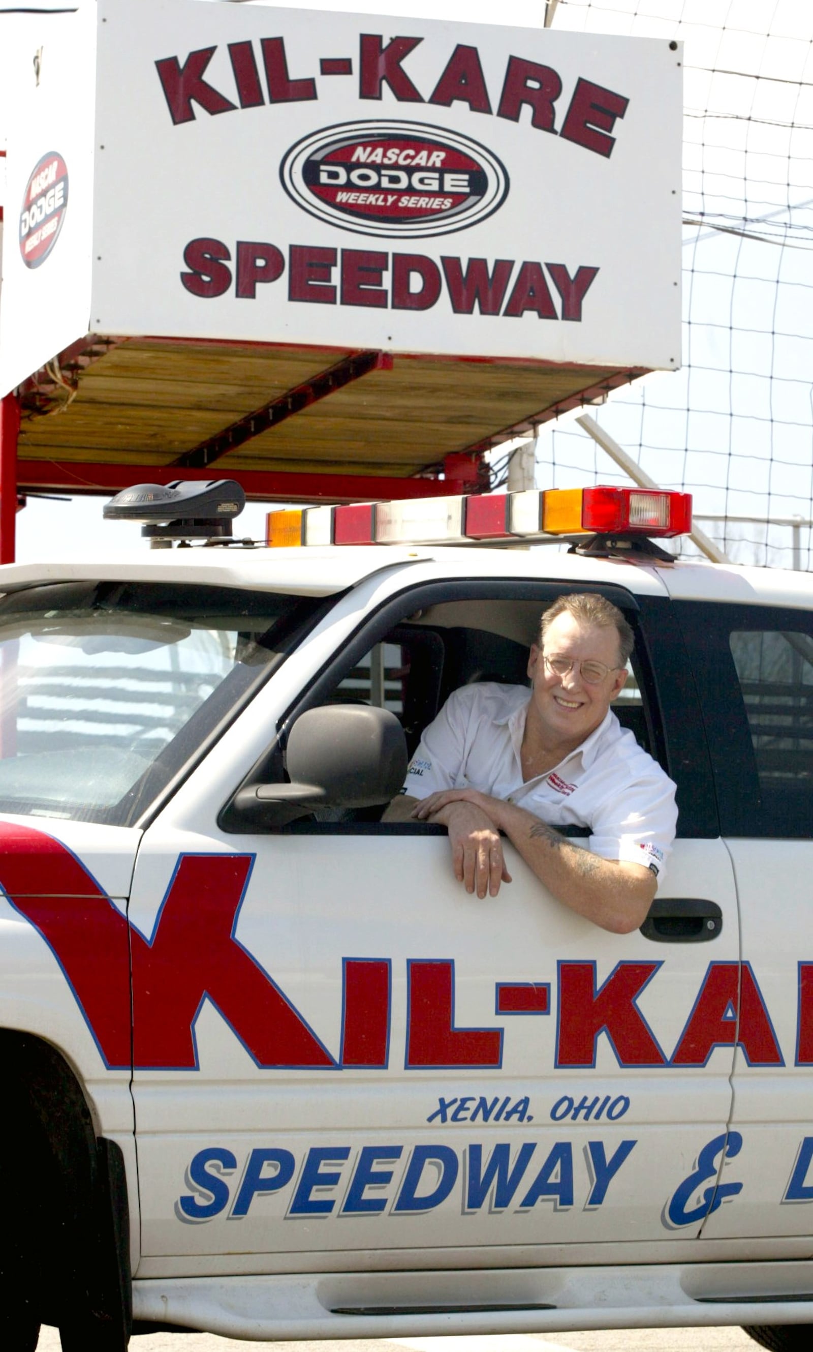 Bob Daniels at the wheel of the pace truck at Kil-Kare Speedway in Xenia.  Daniels is likely the all time lap leader, given his many years behind the wheel of the pace truck.  Photo by Skip Peterson