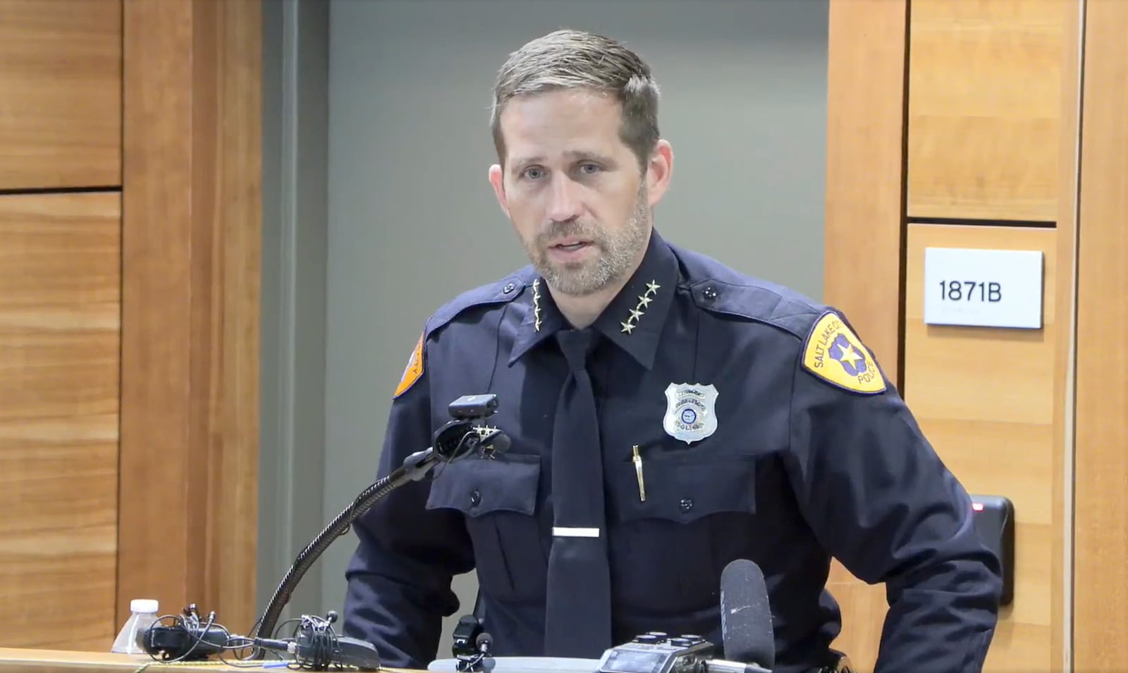 In this image made from video, Salt Lae City Police Chief Brian Redd speaks to the media during a press conference Sunday, June 15, 2025, about a June 14 shooting incident at a demonstration in Salt Lake City. (Salt Lake City Police Department via AP)