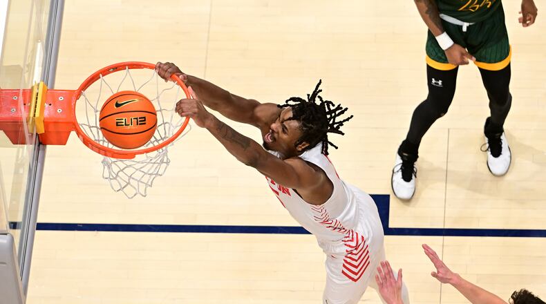 Dayton sophomore DaRon Holmes II dunks against Southeastern Louisana at UD Arena on Saturday, Dec. 3, 2022. Erik Schelkun/CONTRIBUTED