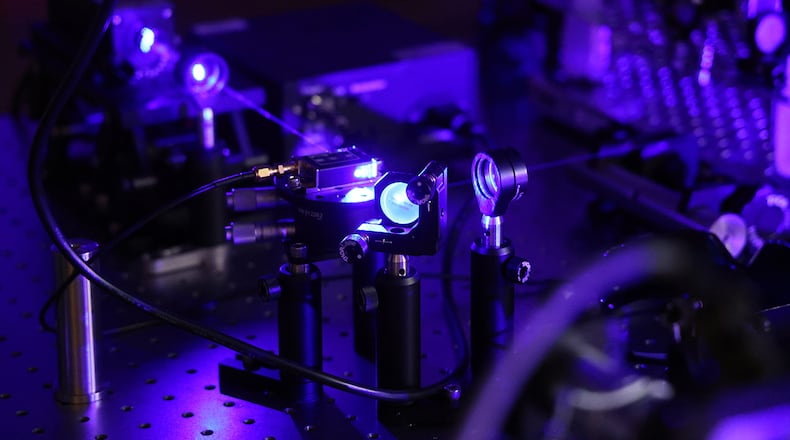 Scientists experiment with phonons at room temperature in the Air Force Research Laboratory’s Quantum Photonics Laboratory, part of AFRL’s Materials and Manufacturing Directorate at Wright-Patterson Air Force Base. U.S. AIR FORCE PHOTO/MICAH HUNG