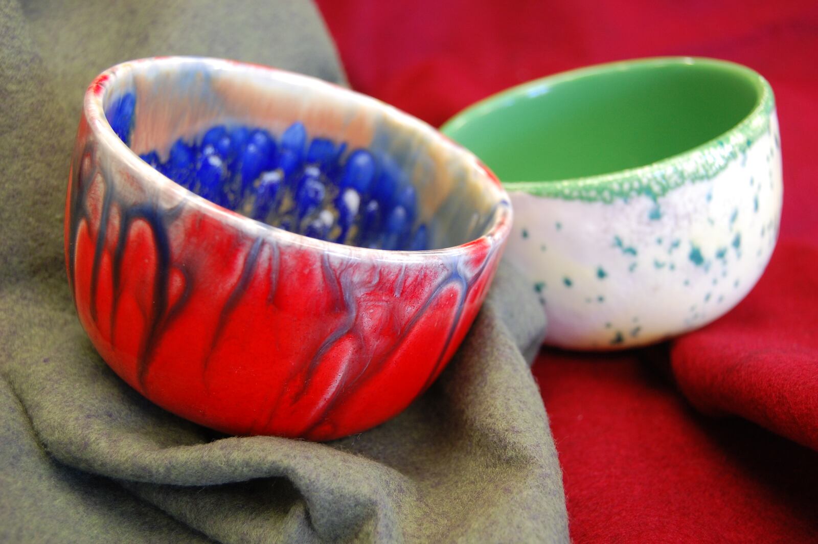 Colorful glass bowls from We Care Arts.