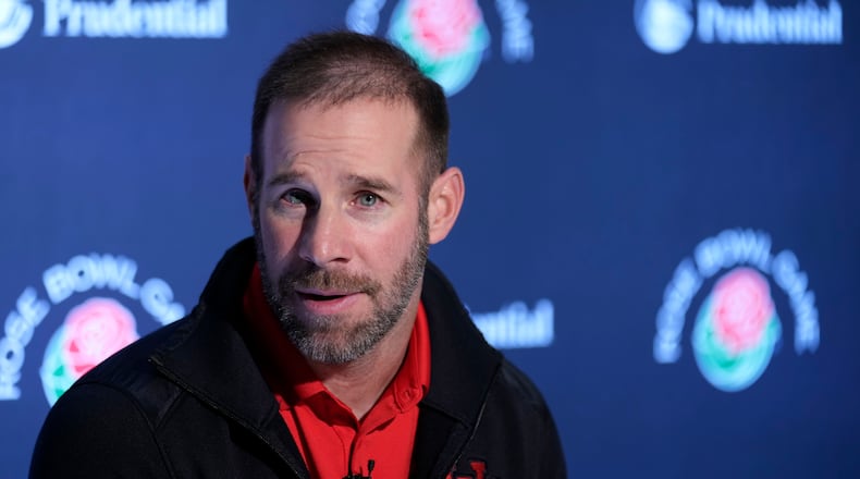 FILE - Utah defensive coordinator Morgan Scalley fields questions during a news conference ahead of the Rose Bowl NCAA college football game against Penn State Dec. 29, 2022, in Los Angeles. (AP Photo/Marcio Jose Sanchez, File)