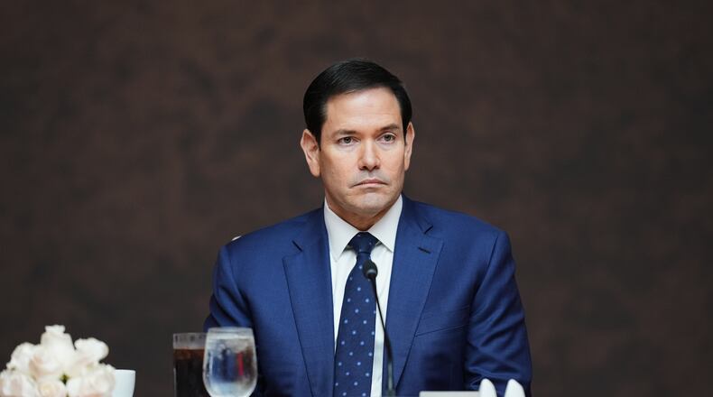 Secretary of State Marco Rubio attends a working lunch at the Shield of the Americas Summit, Saturday, March 7, 2026, at Trump National Doral Miami in Doral, Fla. (AP Photo/Rebecca Blackwell)