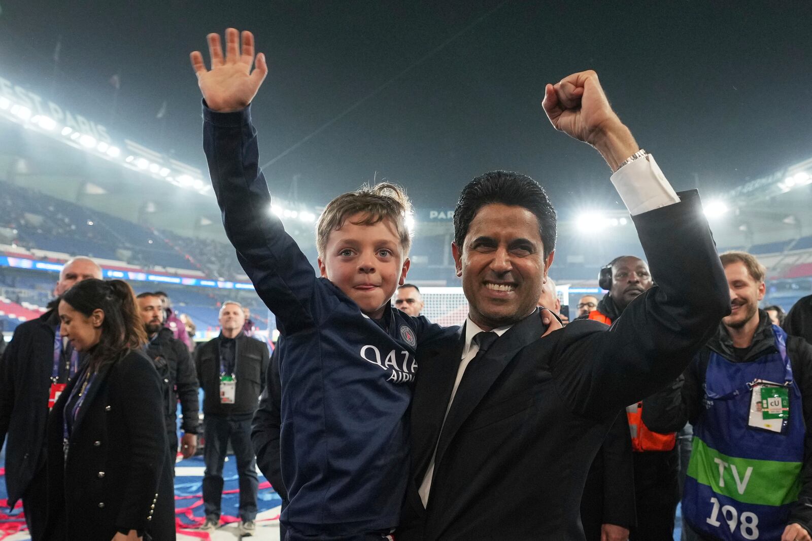 PSG President Nasser Al-Khelaifi, celebrates after the Champions League semifinal, second leg soccer match between Paris Saint-Germain and Arsenal at the Parc des Princes in Paris, Wednesday, May 7, 2025. (AP Photo/Thibault Camus)