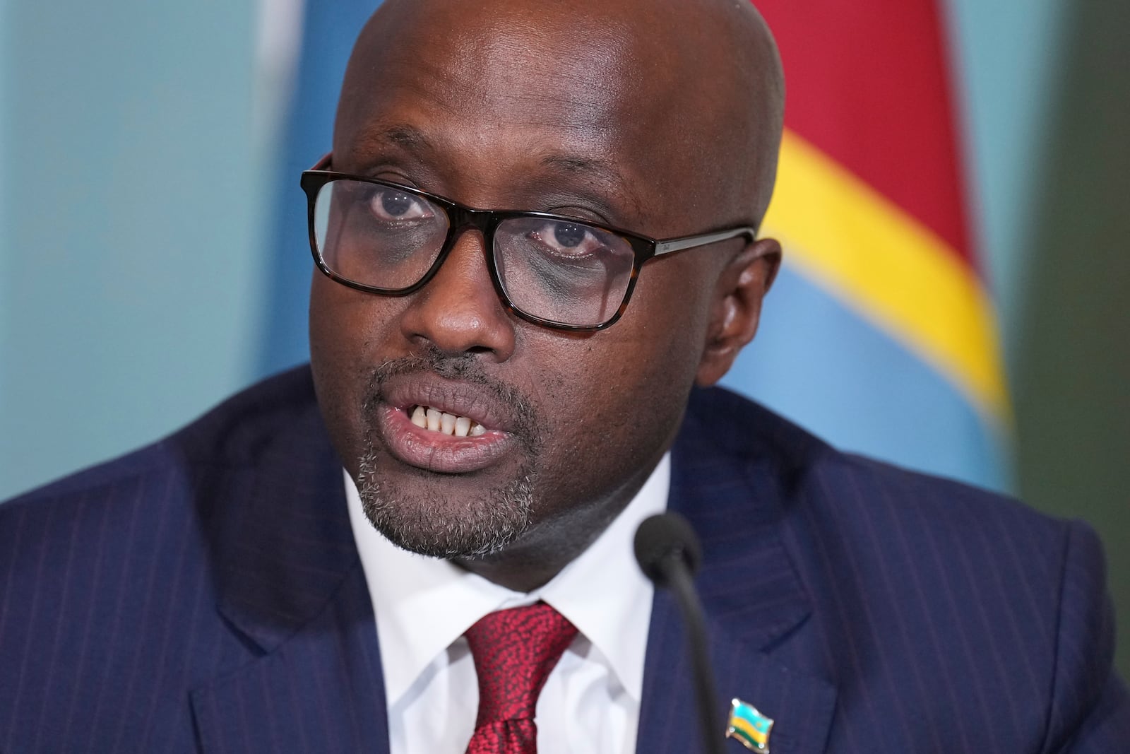 Rwanda's Foreign Minister Olivier Nduhungirehe, speaks during a Declaration of Principles signing ceremony with Secretary of State Marco Rubio and Congo's Foreign Minister Therese Kayikwamba Wagner, Friday, April 25, 2025, at the State Department in Washington. (AP Photo/Jacquelyn Martin)