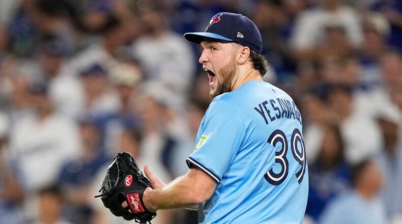 Toronto Blue Jays pitcher Trey Yesavage celebrates the end on the seventh inning in Game 5 of baseball's World Series against the Los Angeles Dodgers, Wednesday, Oct. 29, 2025, in Los Angeles. (AP Photo/Brynn Anderson)