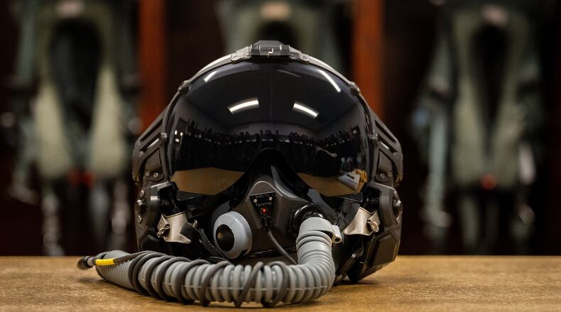 The Air Force’s Next Generation Fixed Wing Helmet sits ready for testing at Eglin Air Force Base, Fla. in this 2023 Air Force photo. (U.S. Air Force photo by Samuel King Jr.)