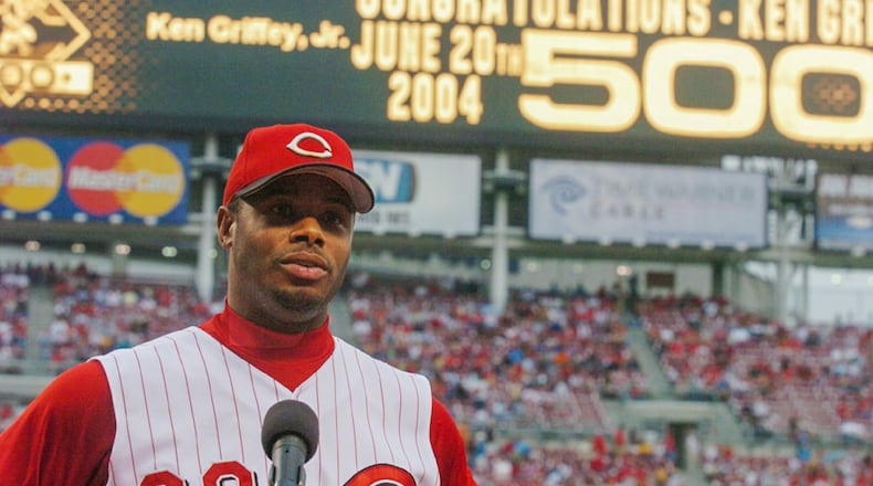 Ken Griffey jr speaks to the crowd at Great American Ballpark as he was honored before the Reds game vs the Pittsburgh Pirates for hitting his 500th home run. Cox First Media file photo