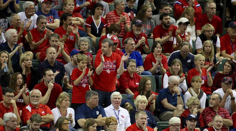 Dayton fans cheer before a game against Monmouth in the semifinals of the AdvoCare Invitational on Friday, Nov. 27, 2015, at the HP Field House at ESPN's Wide World of Sports in Orlando, Fla. David Jablonski/Staff