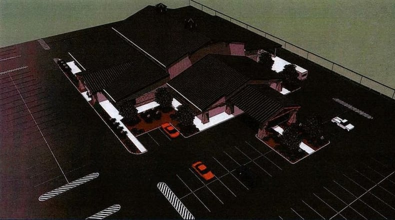 This is an earlier aerial rendering of the Warren County Event Center, when it was to cover 18,000 square feet near the entrance to the county fairgrounds in Lebanon. Although reduced in size to 16,000 feet, the project has been stalled by high costs.