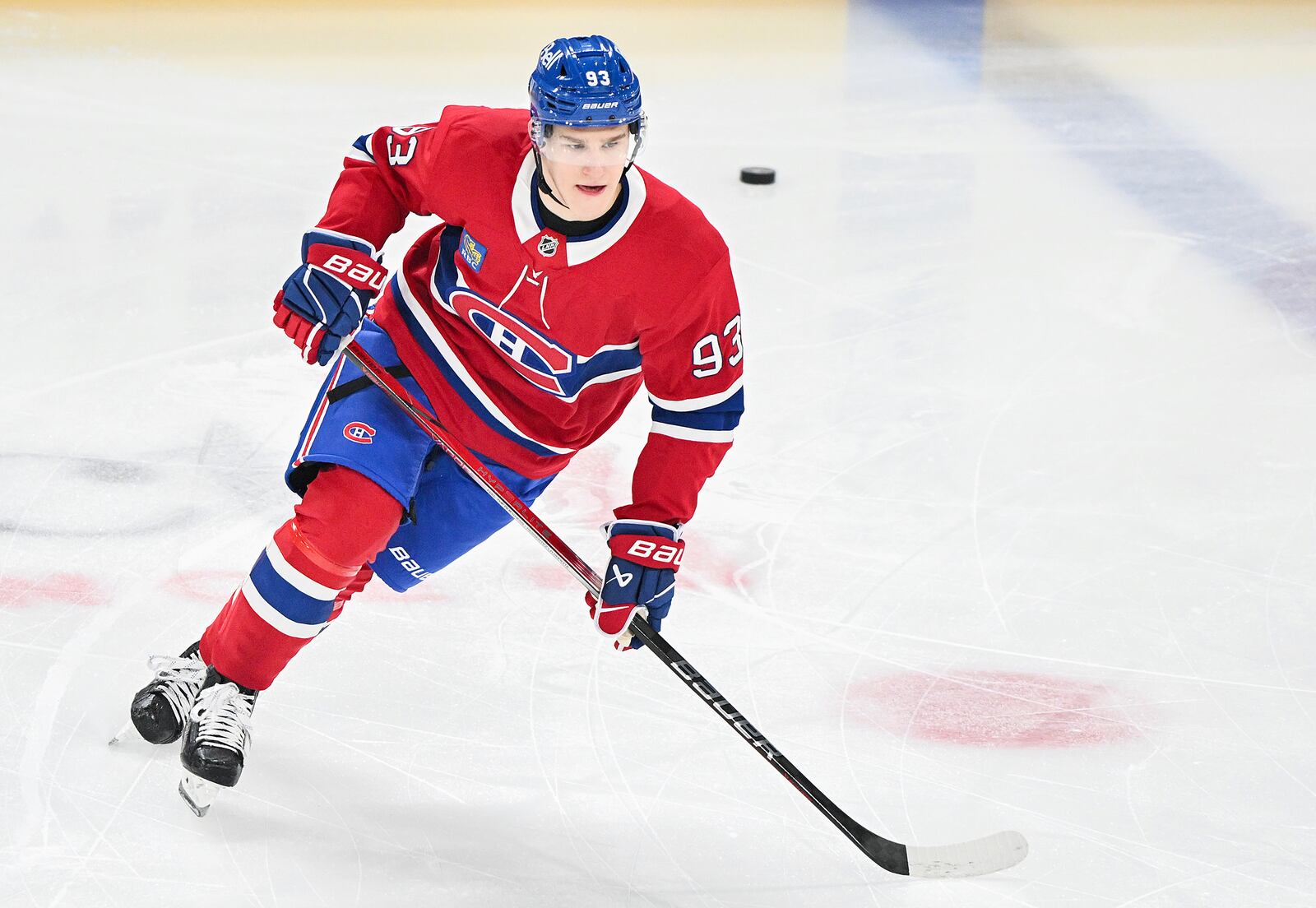 Montreal Canadiens' Ivan Demidov skates prior to an NHL hockey game against the Chicago Blackhawks in Montreal, Monday, April 14, 2025. (Graham Hughes/The Canadian Press via AP)