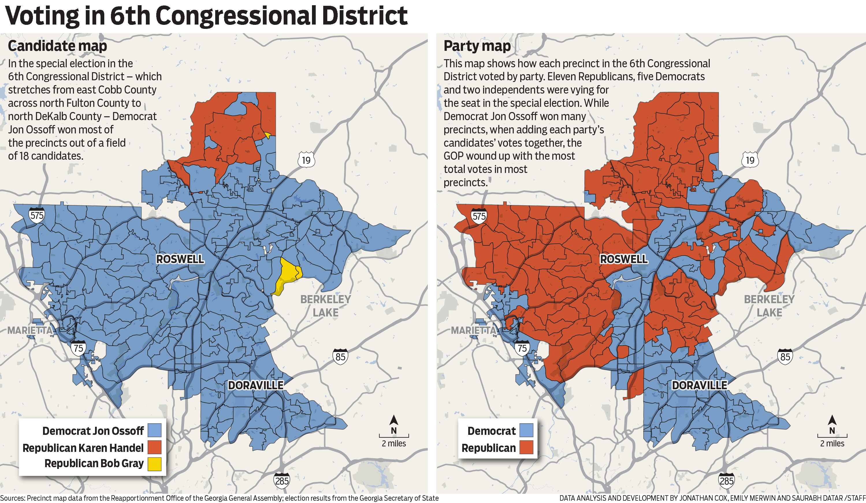 Maps show which parties and candidates got the most votes in each neighborhood in the Georgia 6th District special election.