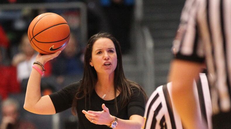 Dayton’s Shauna Green talks to an official during a game against Duquesne on Wednesday, Jan. 31, 2018, at UD Arena. David Jablonski/Staff